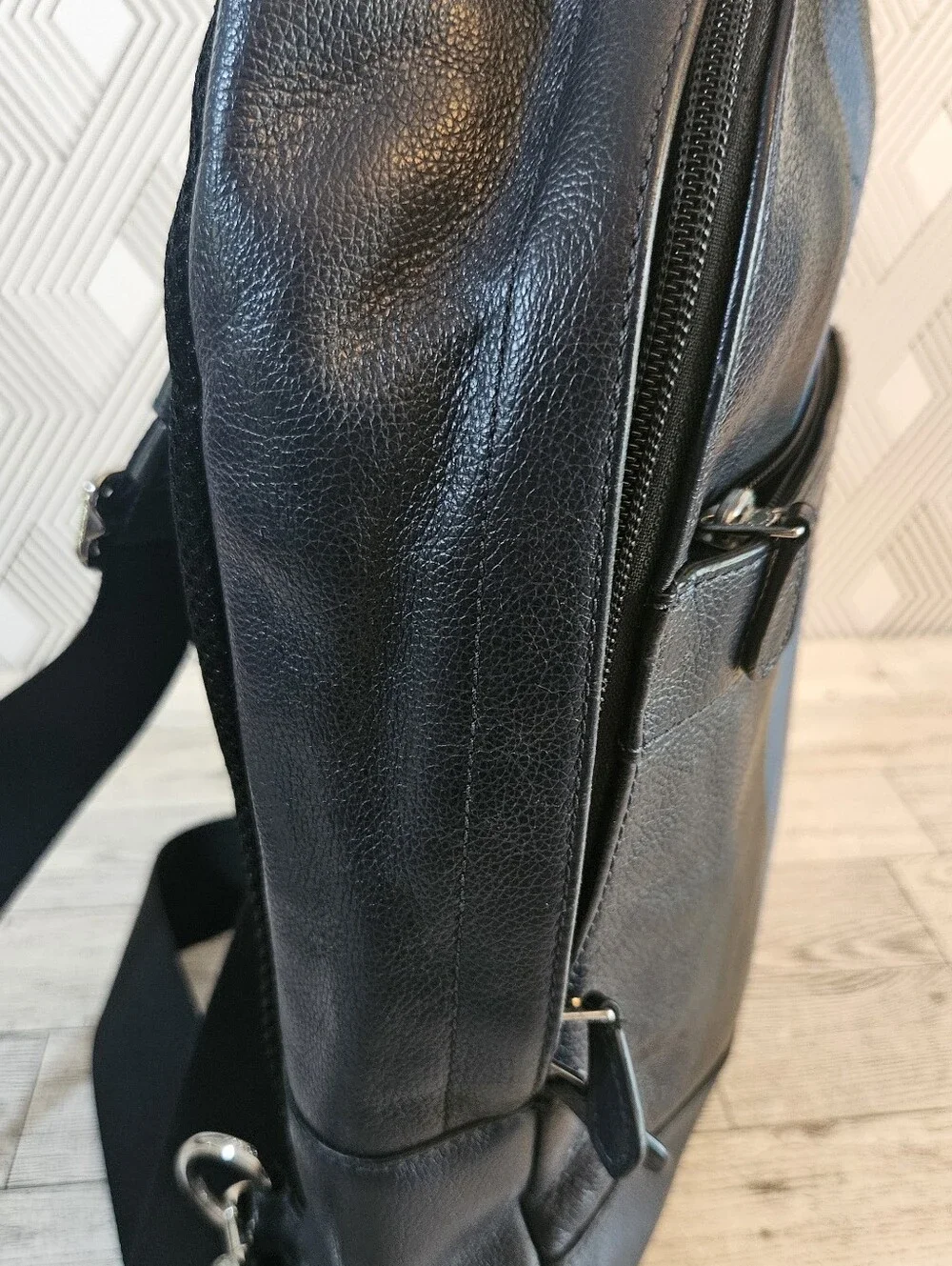 Coach F72226 Charles Pack Varsity Leather Sling Crossbody Bag Black Blue Stripe